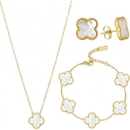 3-in-1 18K Gold-Plated Clover Jewelry Set – Five-Leaf Necklace, Earrings, and Bracelet for Women - Clovercharm