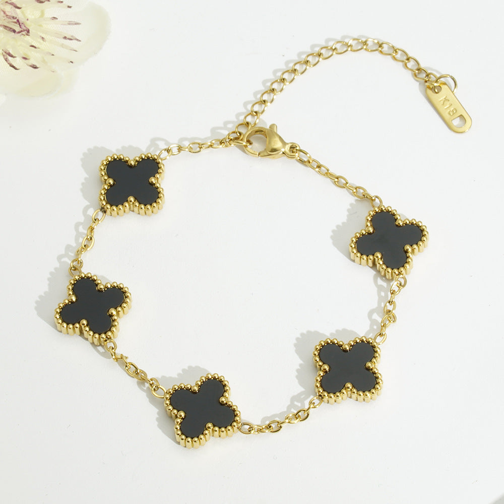 18K Gold-Plated Four-Leaf Clover Bracelet Necklace Set – Titanium Steel Lucky Charm Jewelry - Clovercharm- Black bracelet