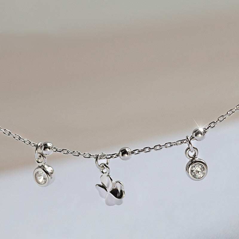 925 Sterling Silver Four-Leaf Clover Anklet – Elegant Korean Style Diamond Inlay Women's Jewelry - Clovercharm