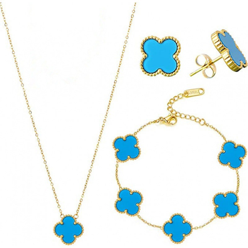 3-in-1 18K Gold-Plated Clover Jewelry Set – Five-Leaf Necklace, Earrings, and Bracelet for Women - Clovercharm