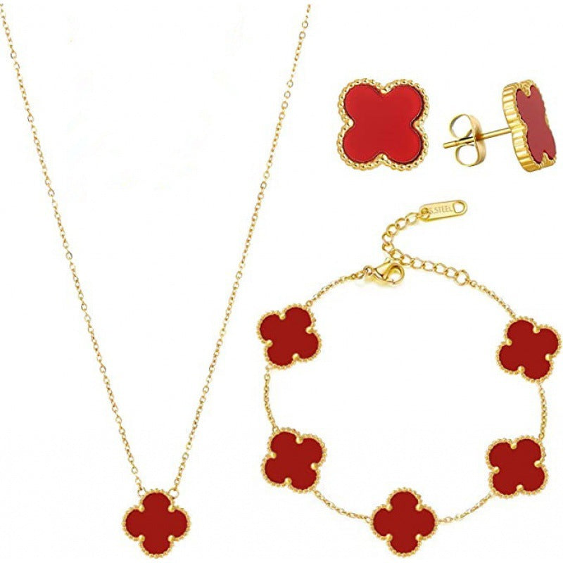 3-in-1 18K Gold-Plated Clover Jewelry Set – Five-Leaf Necklace, Earrings, and Bracelet for Women - Clovercharm